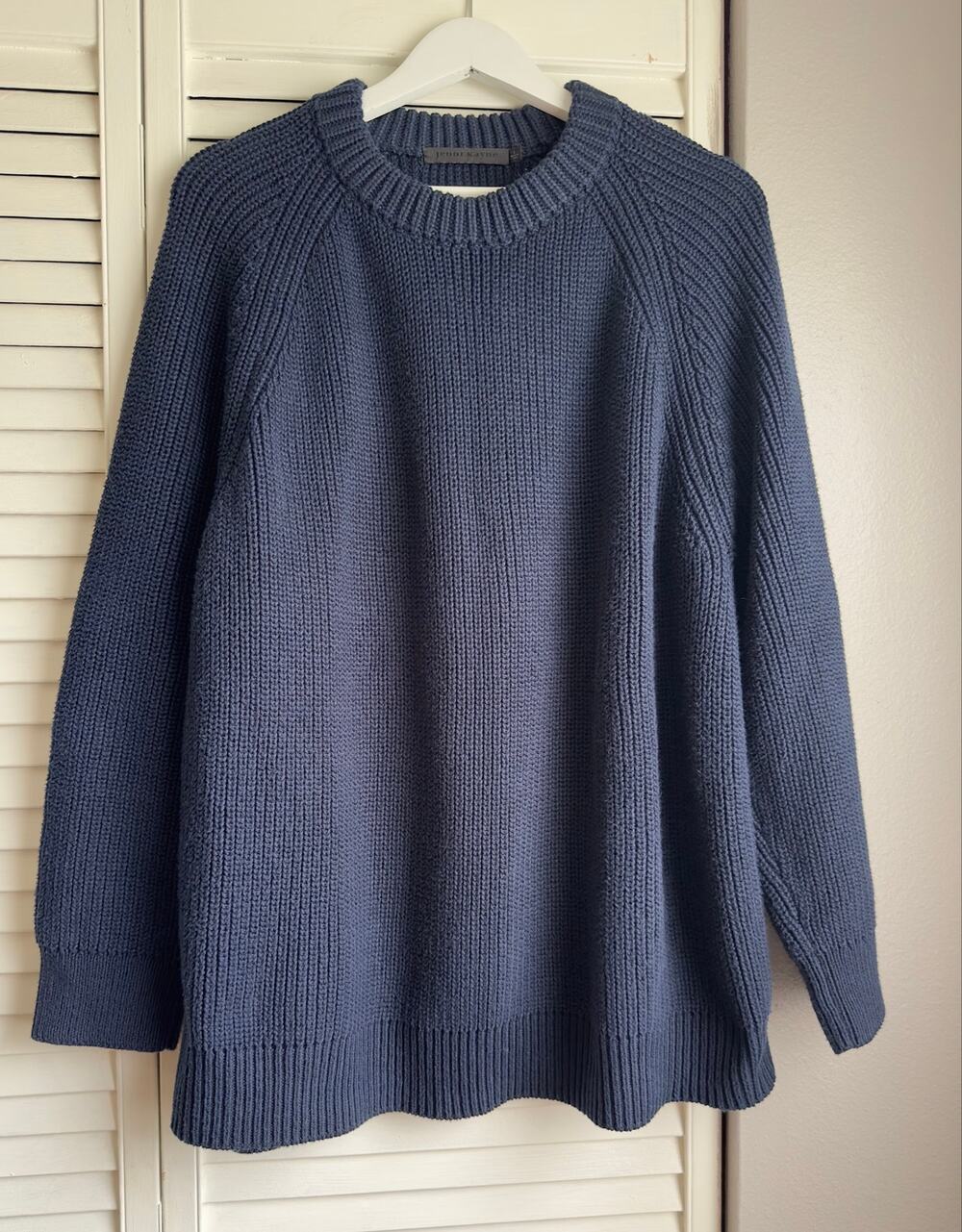 Jenni Kayne Cotton Fisherman Sweater Size L Navy Blue Ribbed Chunky Knit